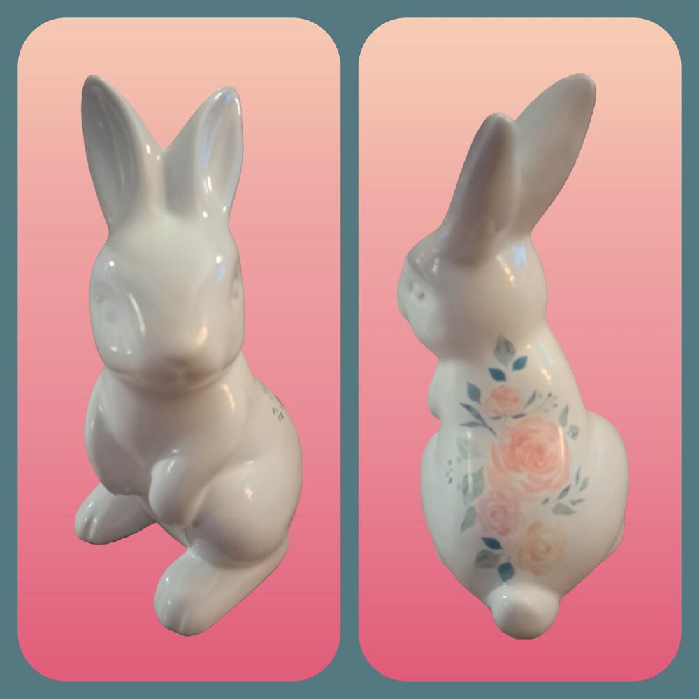 Ceramic White Bunny Rabbit with Floral Design Spring Decoration 7x5"